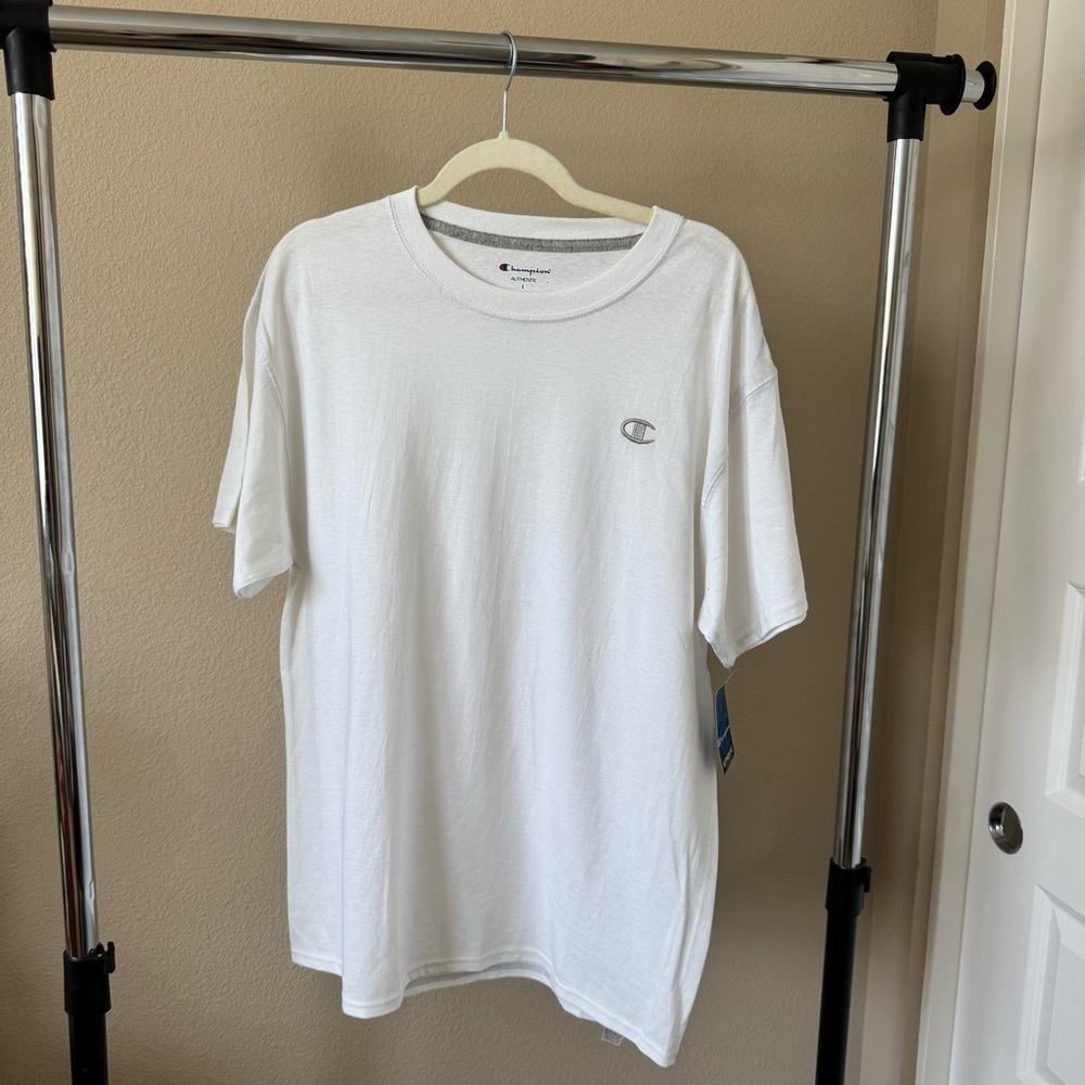 Champion Men’s Cotton Jersey Tee White L | Grey Logo | Classic Crewneck | NWT